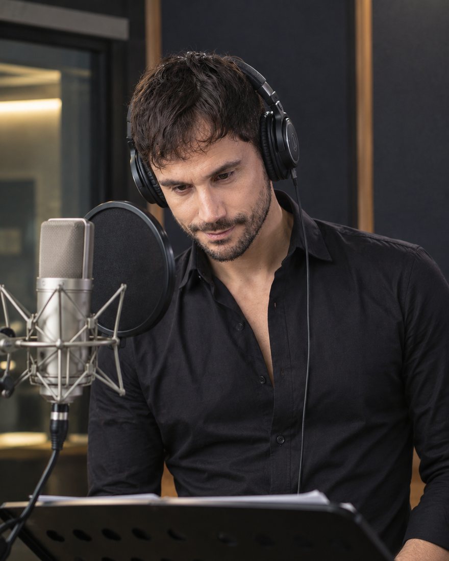 Carlos J. Pérez en cabina, leyendo un guion ante el micrófono